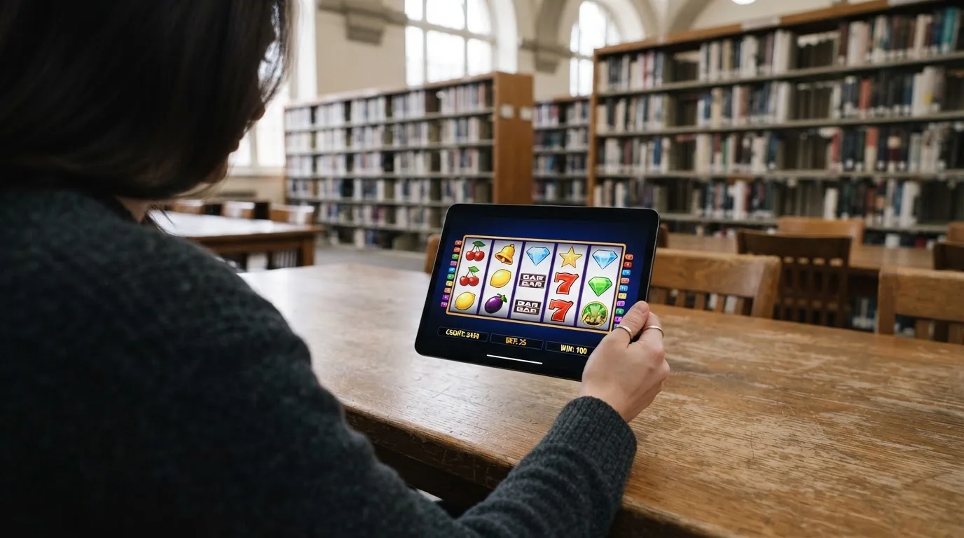 Nuori aikuinen istuu kirjaston pöydän ääressä tablet-laite kädessään hiljaisessa tilassa täynnä kirjahyllyjä.