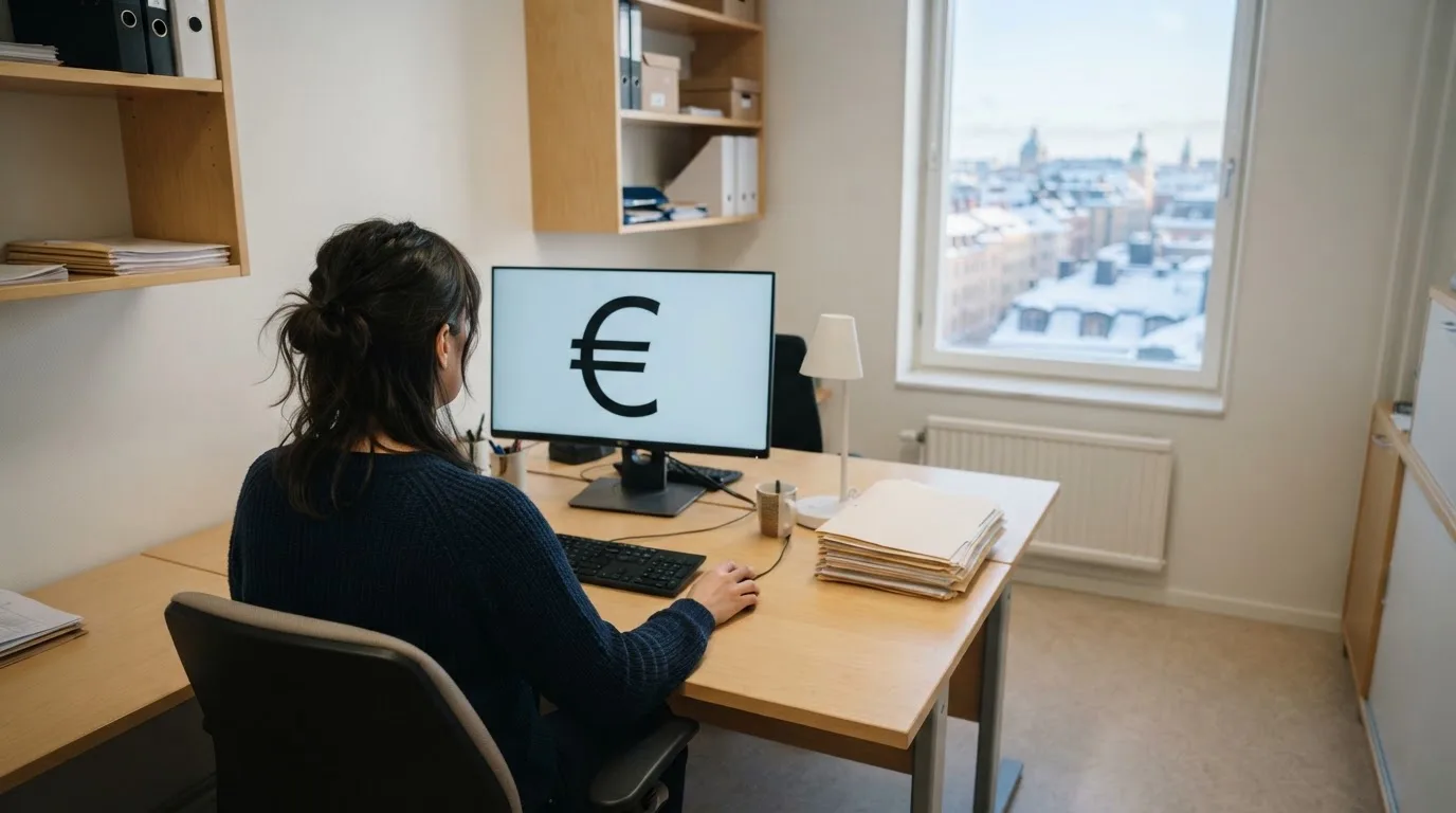 Virkailija istuu vaaleassa virastohuoneessa tietokoneen ääressä, ikkunasta näkyy talvinen kaupunkimaisema.