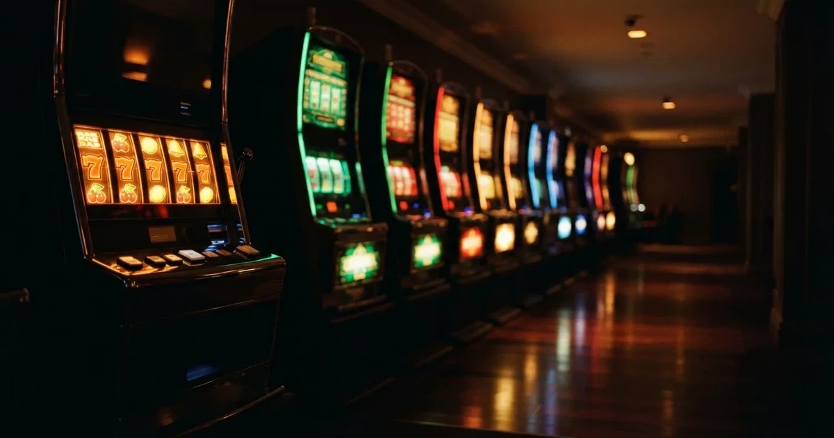 Pelikaappien rivi hämärässä hallissa, jokaisen rullat hohtavat eri väreillä ja lattia heijastaa — kolikkopelit casino pelit