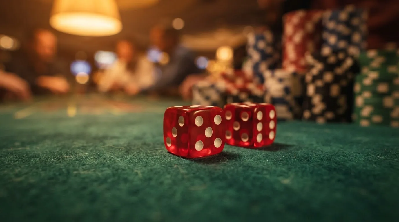 Punaiset nopat lepäävät vihreällä huovalla, taustalla sumeita pelimerkkitorneja iltahämärässä — kolikkopelit casino pelit
