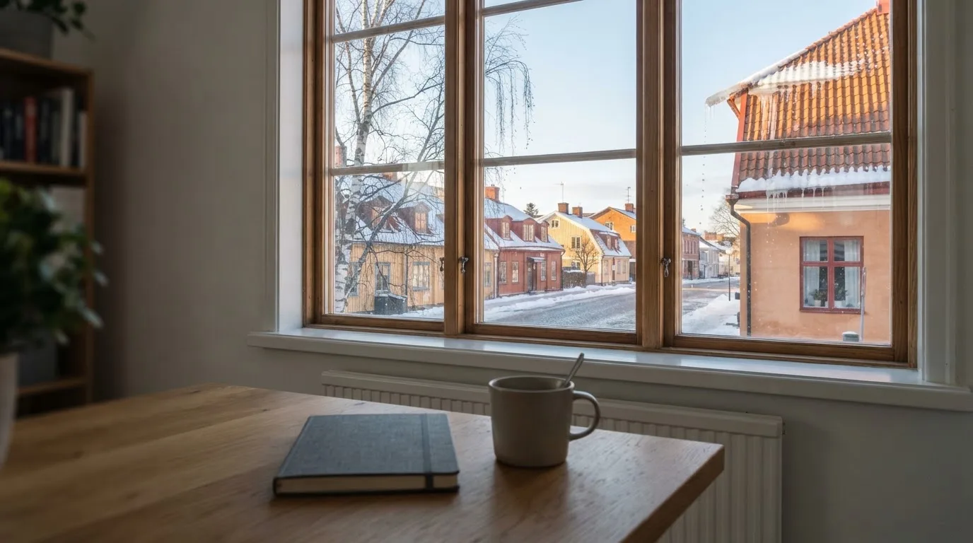 Toimistohuoneen ikkunasta näkyy maaliskuun aamu, lumi sulaa katolla auringonpaisteessa hiljaisella aamulla.