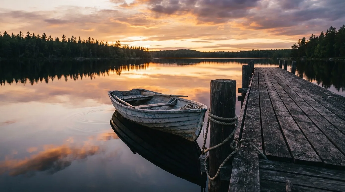 Laituri tyynellä järvellä auringonlaskussa, vanha soutuvene kiinnitettynä ja vedessä pilvien heijastus — luotettavat suomalaiset kasinot