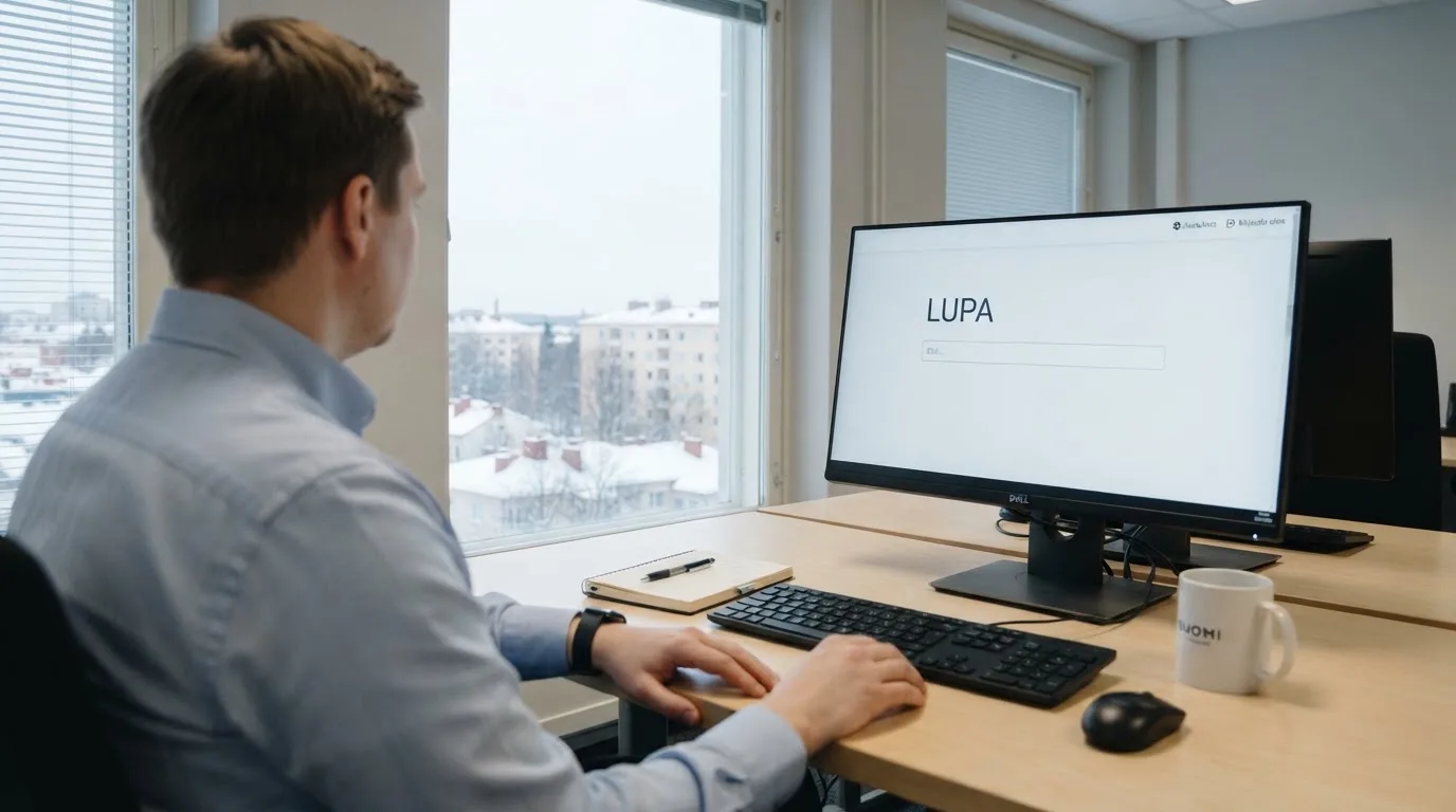 Virkailija istuu vaaleassa virastohuoneessa tietokoneen ääressä, ikkunasta näkyy talvinen kaupunkimaisema.