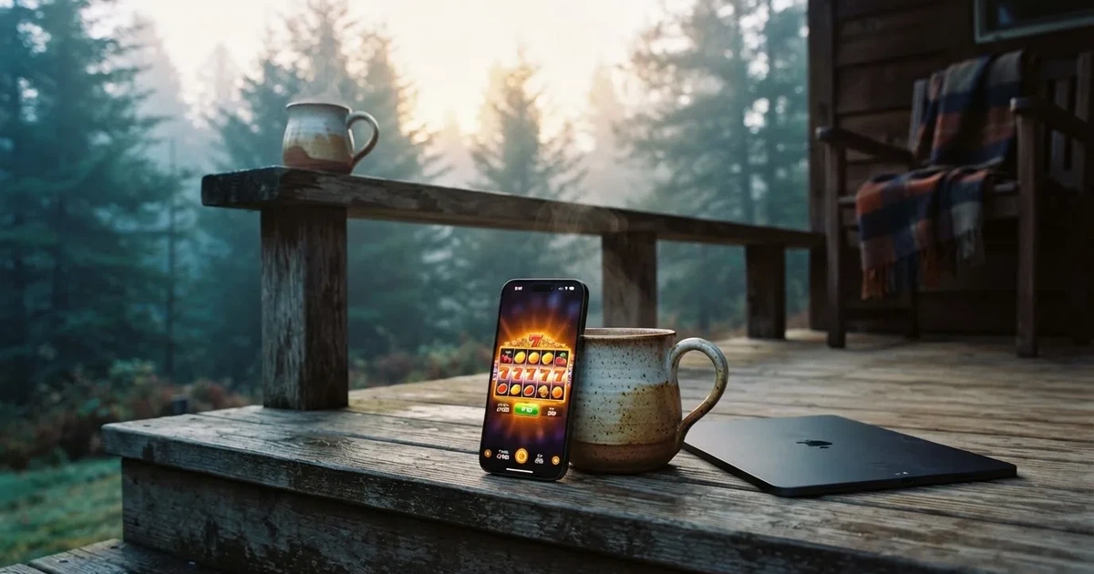 Kädet pitelevät lämmintä kaakaomukia metsämökin portailla, vieressä suljettu tabletti ja aamusumua — mobiilikasino puhelimessa