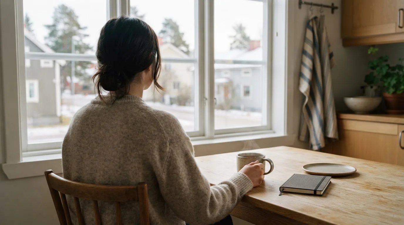 Henkilö istuu keittiön pöydän ääressä teekupin kanssa katsellen ulos ikkunasta aamulla.