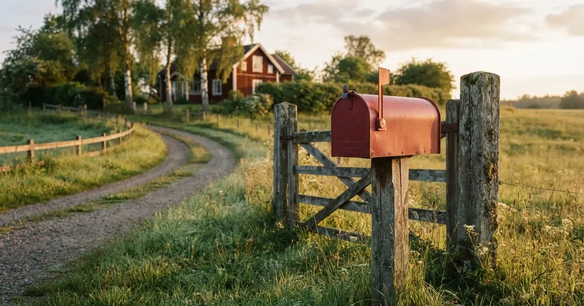 Punainen postilaatikko maalaistalon portilla kesäillassa, ruoho on kasteessa ja varjot pitkiä — nettikasinot minimi talletus