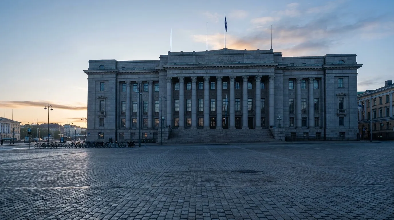Kivinen valtionhallinnon julkisivu Helsingissä aamunkoitteessa, korkeat pylväät ja tyhjä aukio edessä — nopea kotiutus kasino