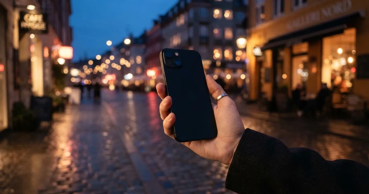 Käsi pitelee älypuhelinta ulkona iltavalossa, ruutu on sammunut ja taustalla näkyy kaupunkimaisema.