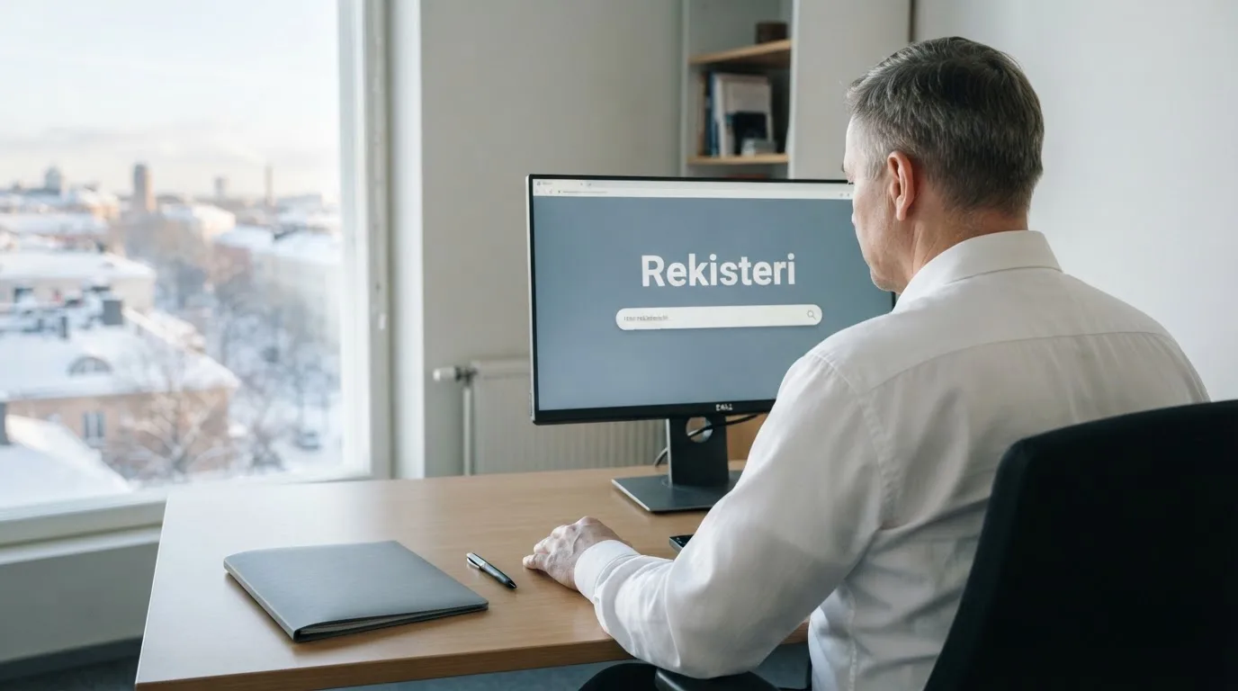 Virkailija istuu vaaleassa virastohuoneessa tietokoneen ääressä, ikkunasta näkyy talvinen kaupunkimaisema.