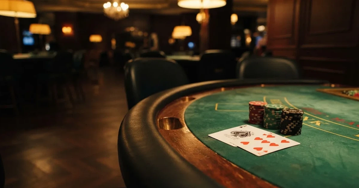 Blackjack-pöytä kasinosalissa, kortit levitettynä pöydälle ja pelimerkit pinottuna reunalle pehmeässä valaistuksessa.