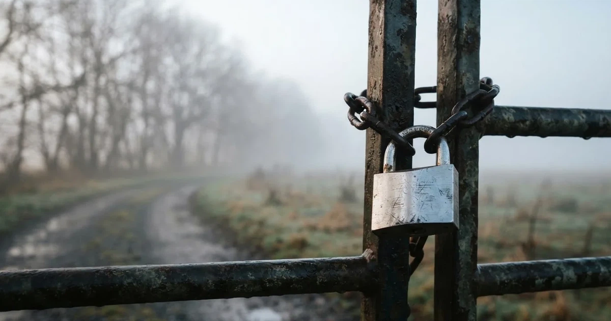 Hopeinen riippulukko kiinni ketjussa vanhassa metalliportissa, aamusumu leijuu ruohikon yllä — parhaat dogecoin kasinot