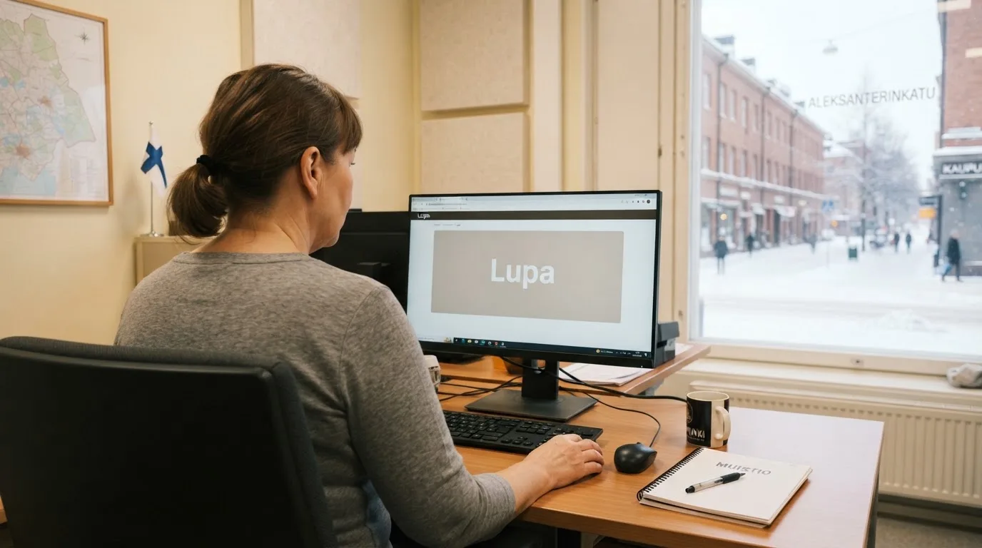 Virkailija istuu vaaleassa virastohuoneessa tietokoneen ääressä, ikkunasta näkyy talvinen kaupunkimaisema.