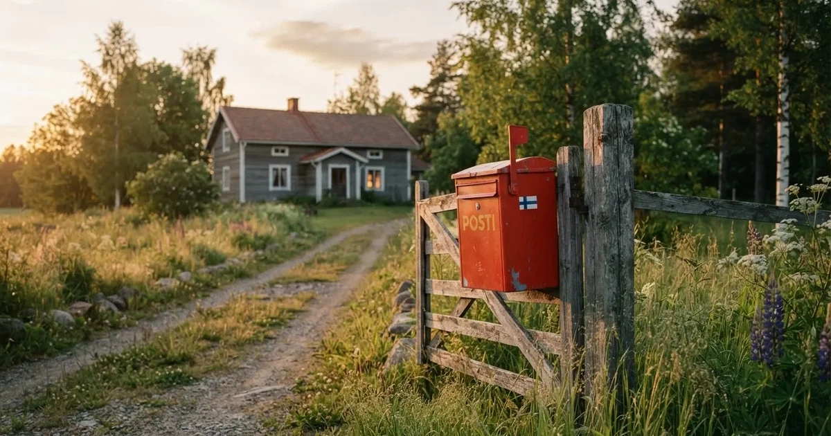 Punainen postilaatikko maalaistalon portilla kesäillassa, ruoho on kasteessa ja varjot pitkiä — parhaat muchbetter kasinot