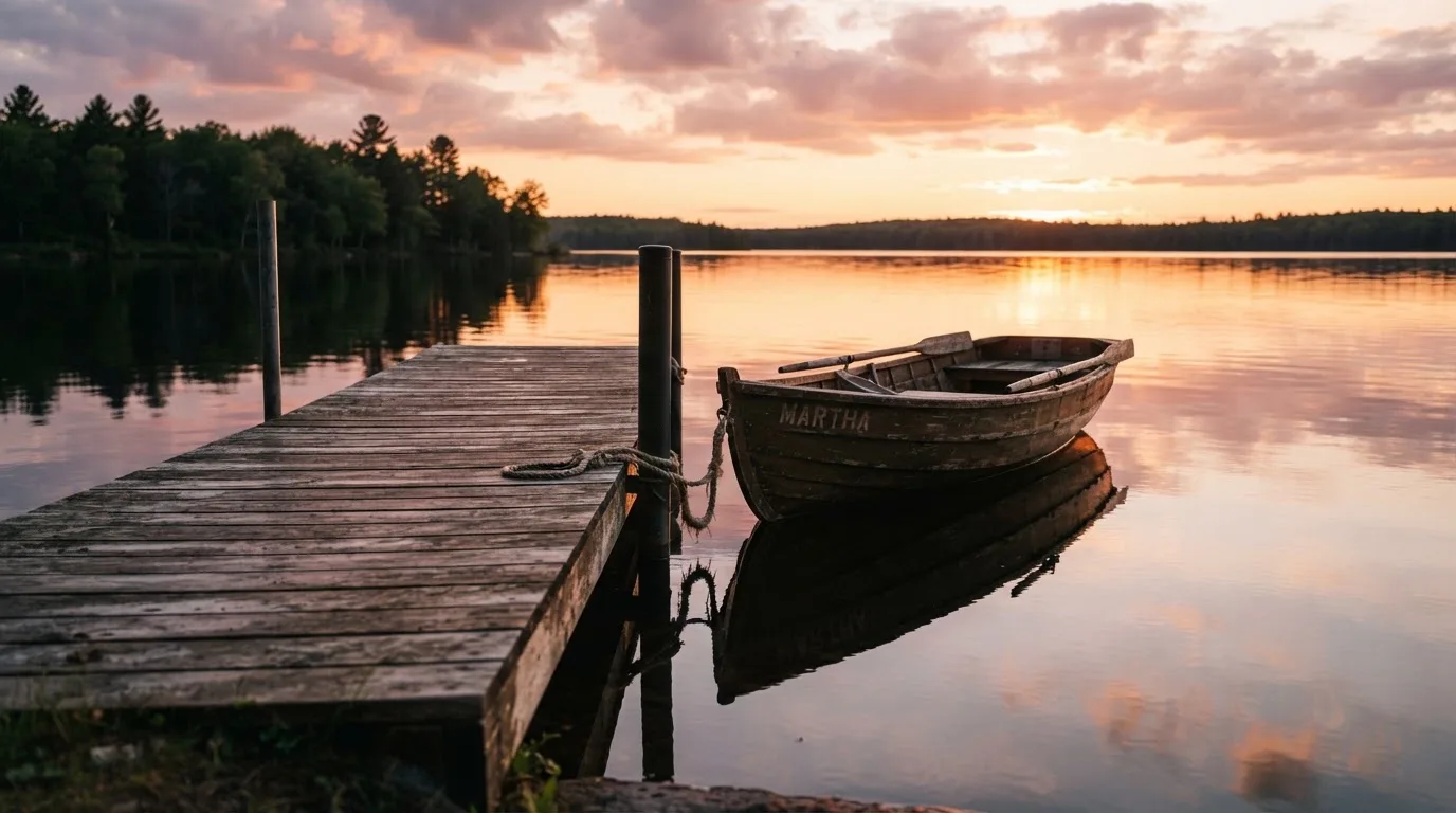 Laituri tyynellä järvellä auringonlaskussa, vanha soutuvene kiinnitettynä ja vedessä pilvien heijastus — parhaat nettirahapelit suomessa
