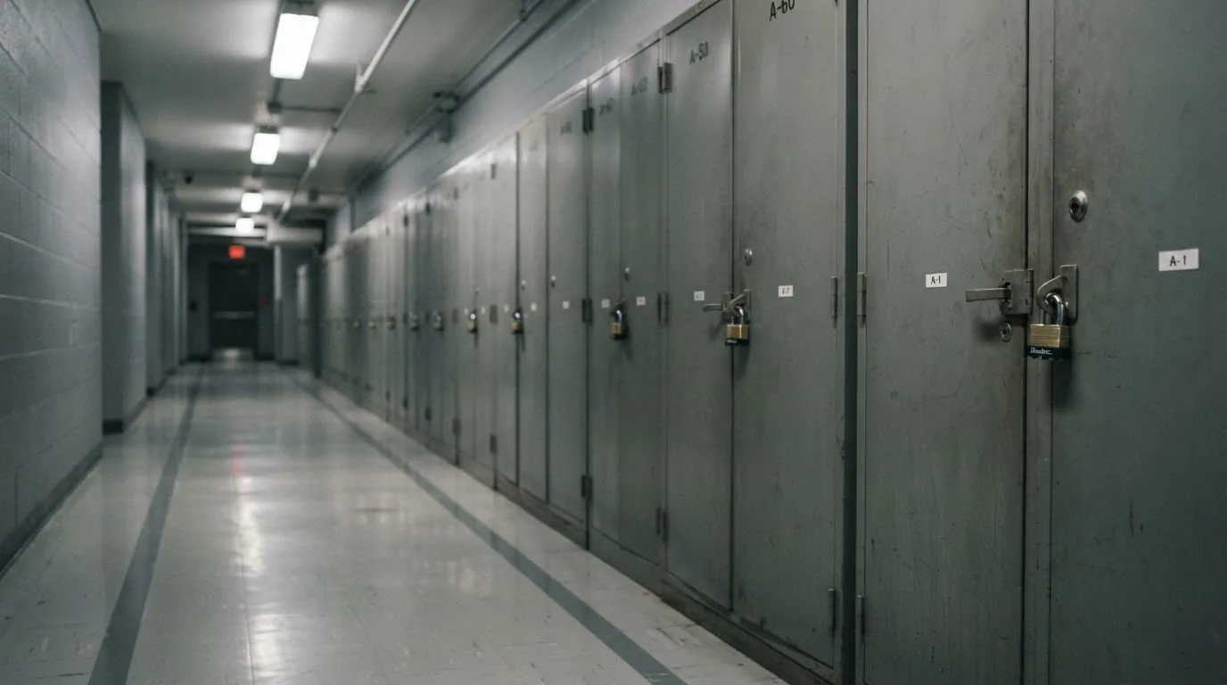 Rivi lukittuja metallikaappeja harmaassa käytävässä, loisteputken kylmä valo heijastuu lattiasta — parhaat nettirahapelit suomessa