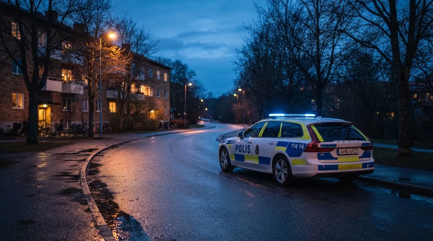 Poliisiauto pysäköitynä hiljaiselle kadulle iltahämärässä, valot heijastuvat kostealta katupinnalta autioksi jääneellä alueella.