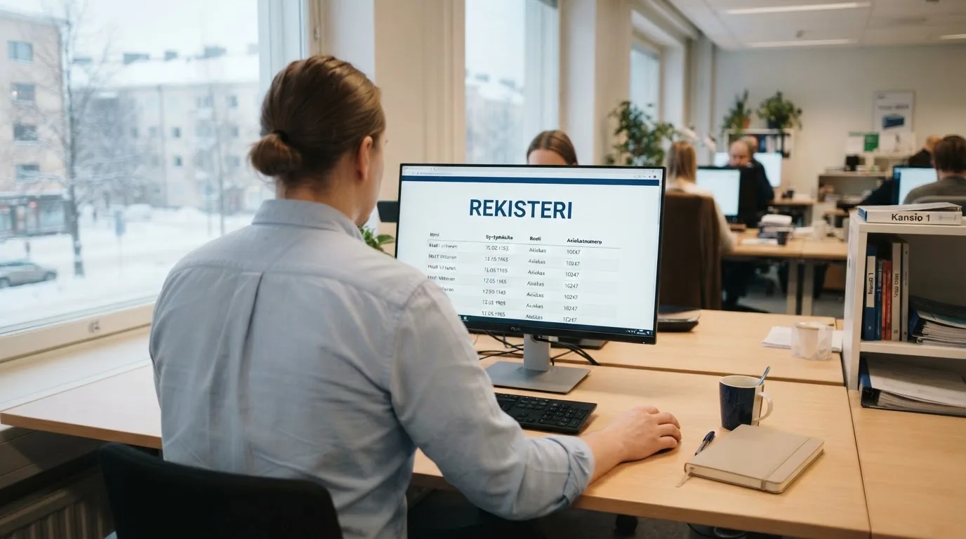 Virkailija istuu vaaleassa virastohuoneessa tietokoneen ääressä, ikkunasta näkyy talvinen kaupunkimaisema.
