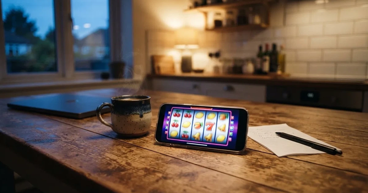 Kahvikuppi ja kynä keittiön pöydällä iltahämärässä, suljettu kannettava tietokone sivussa — parhaat siru mobile kasinot