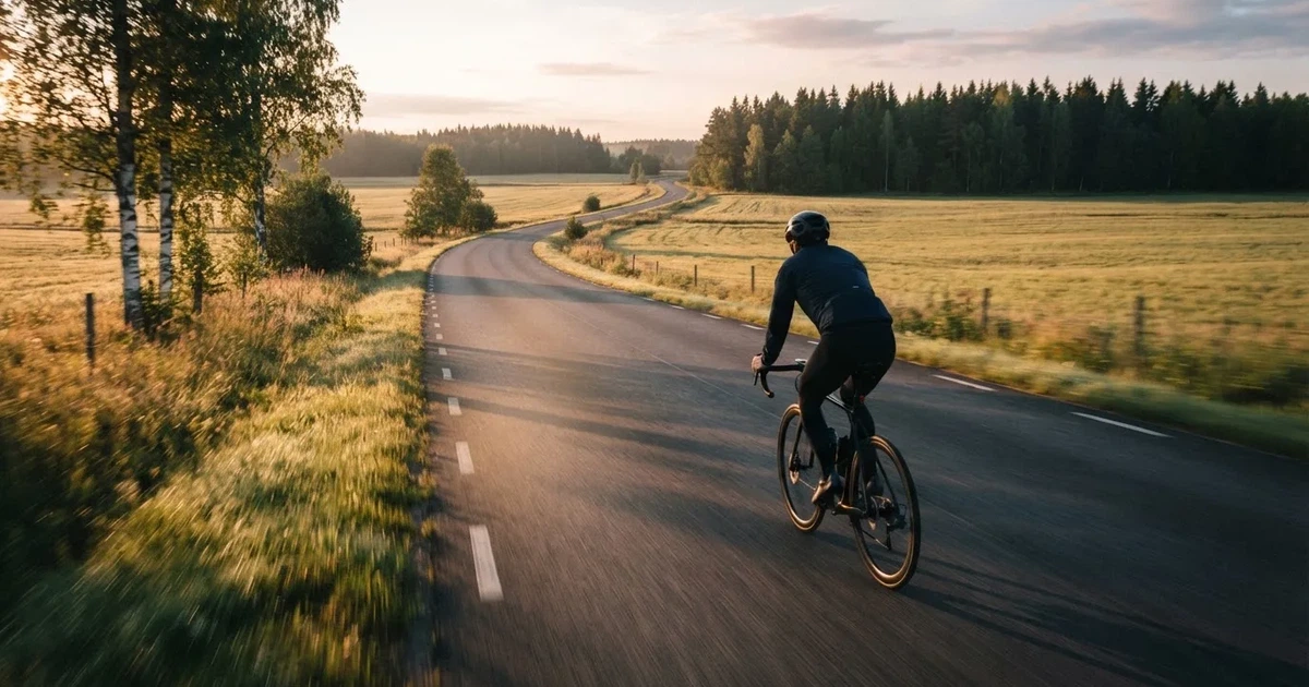 Pyöräilijä kiitää maantietä pitkin auringonnousussa, liike sumentaa peltomaiseman taustalle — parhaat verkkopankki kasinot