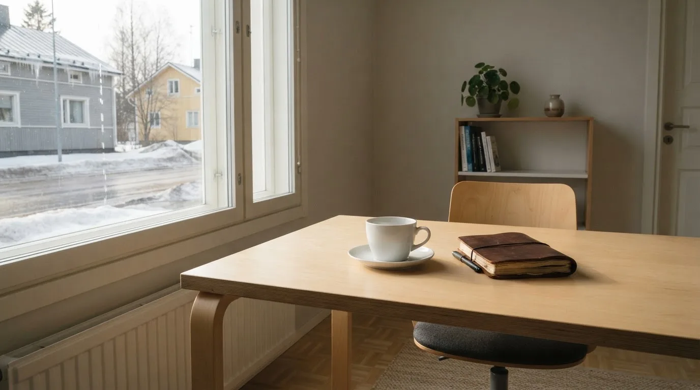 Toimistohuone kevätaamun valossa, kahvikupti pöydällä ja ikkunasta näkyy sulava lumi kadulla.