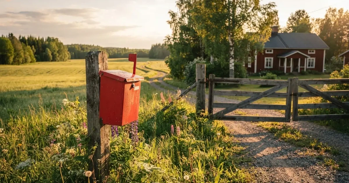 Punainen postilaatikko maalaistalon portilla kesäillassa, ruoho on kasteessa ja varjot pitkiä — parhaat zimpler kasinot