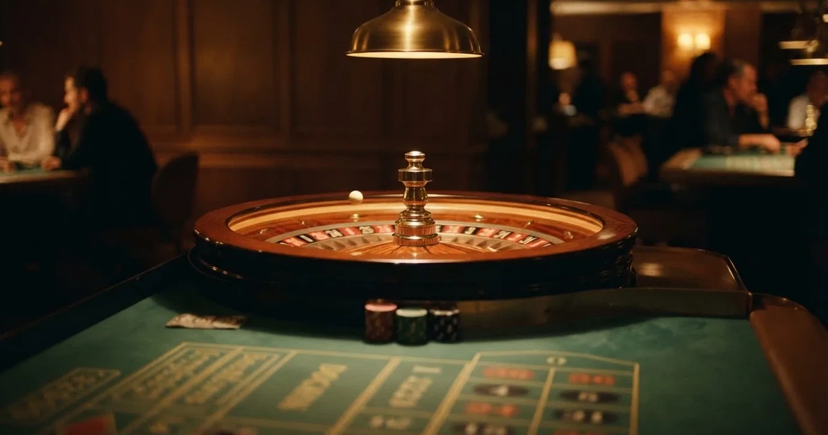 Roulette-pöytä lähikuvassa, jossa pyörivä pyörä ja pallo hyppäävät numerolokeroiden välillä pelisalin hämärässä valaistuksessa.