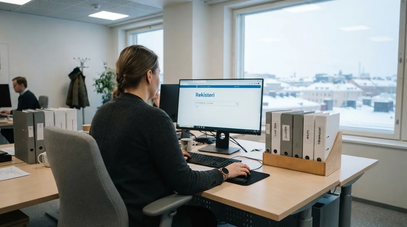 Virkailija istuu vaaleassa virastohuoneessa tietokoneen ääressä, ikkunasta näkyy talvinen kaupunkimaisema.