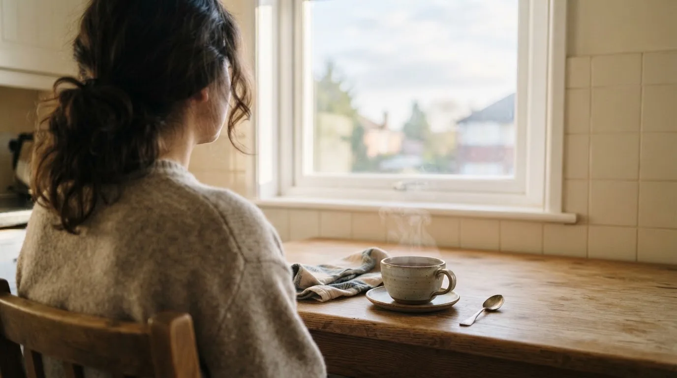 Henkilö istuu keittiön pöydän ääressä teekupin kanssa katsellen ulos ikkunasta rauhallisena aamuna.