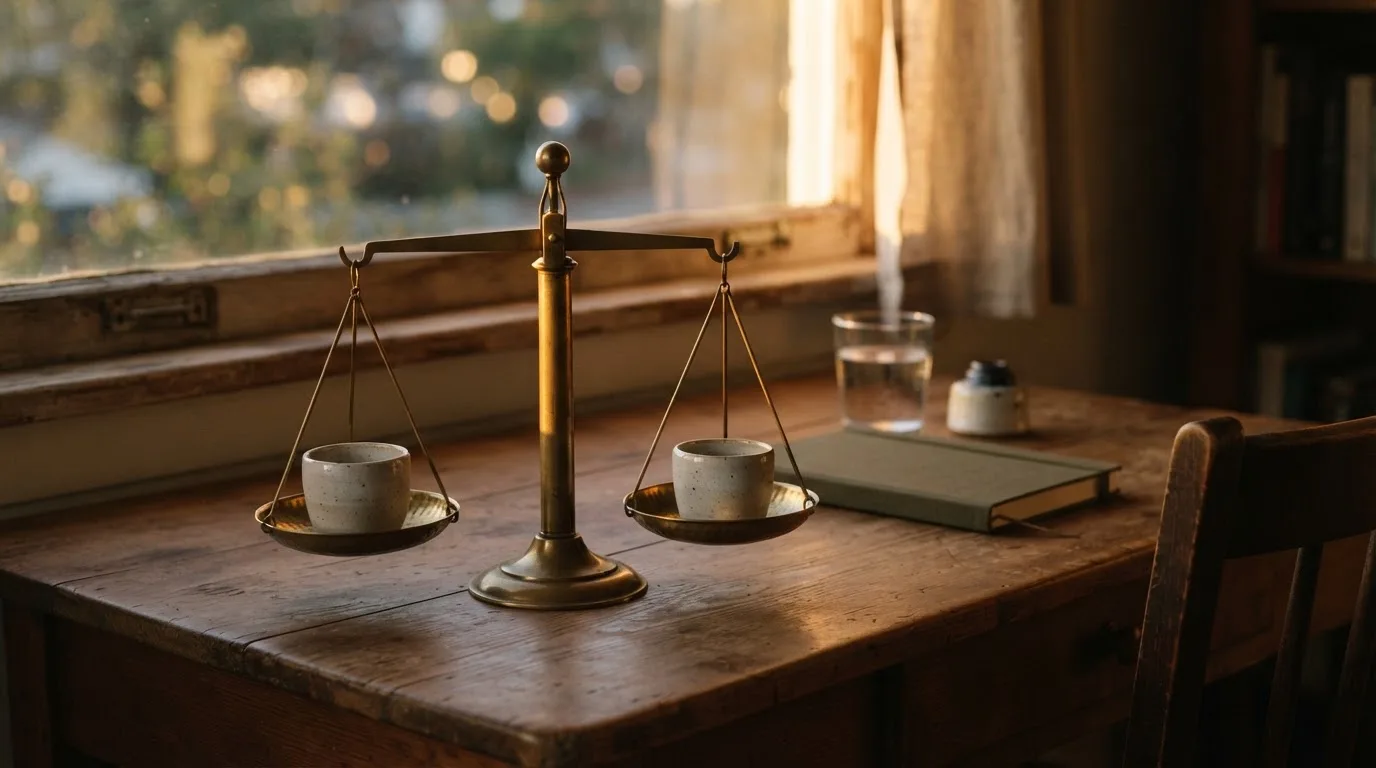 Vaaka puisella kirjoituspöydällä, kupit tasapainossa, ikkunasta lankeaa kellertävää iltavaloa — suosituimmat pikacasinot