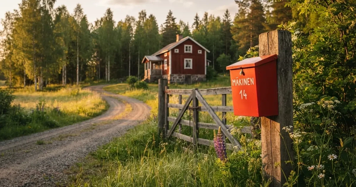 Punainen postilaatikko maalaistalon portilla kesäillassa, ruoho on kasteessa ja varjot pitkiä — uudet pikacasinot kokemuksia