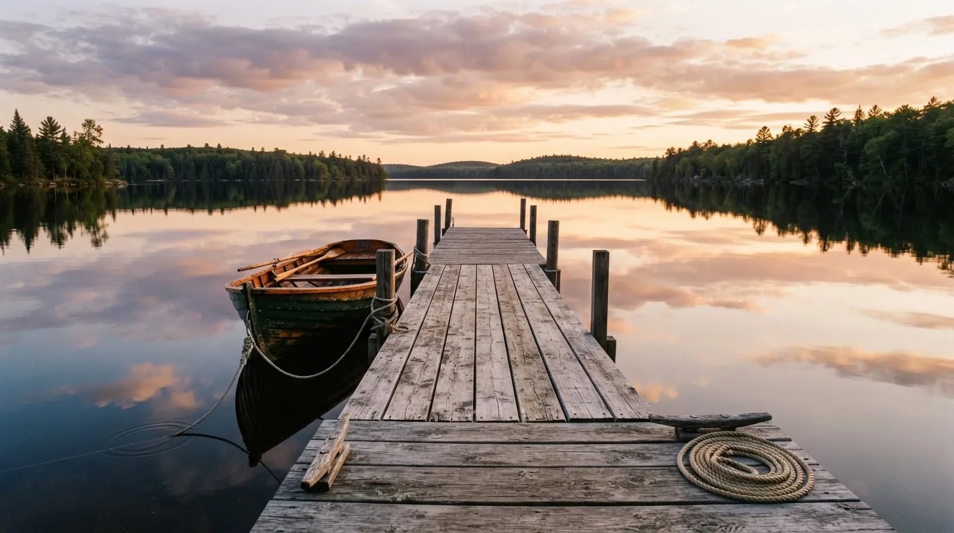 Laituri tyynellä järvellä auringonlaskussa, vanha soutuvene kiinnitettynä ja vedessä pilvien heijastus — varma voitto kasino